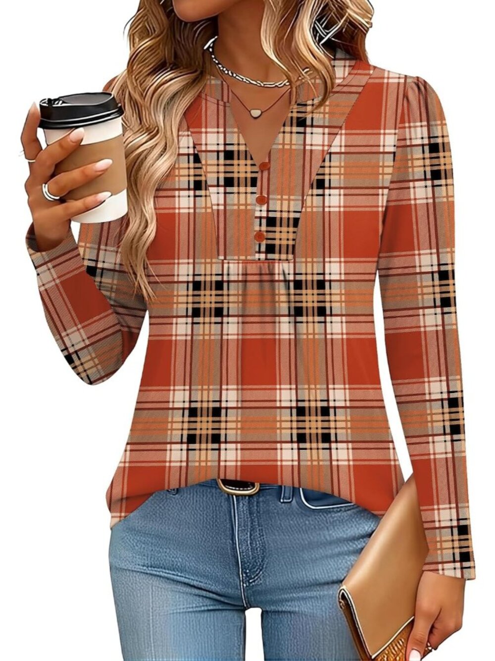 Women's Colourful Plaid Long Sleeve Shirts V-Neck Casual Pleated Fall Tops